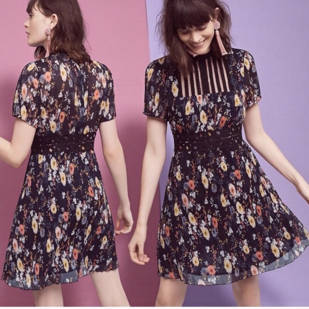 NWT Anthropologie Foxiedox Andora Floral Mini Dress In Navy Blue Size S